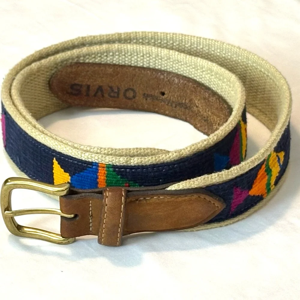 Orvis Brown Leather & Navy Embroidered Fish Belts BUNDLE OF 2 TOTAL